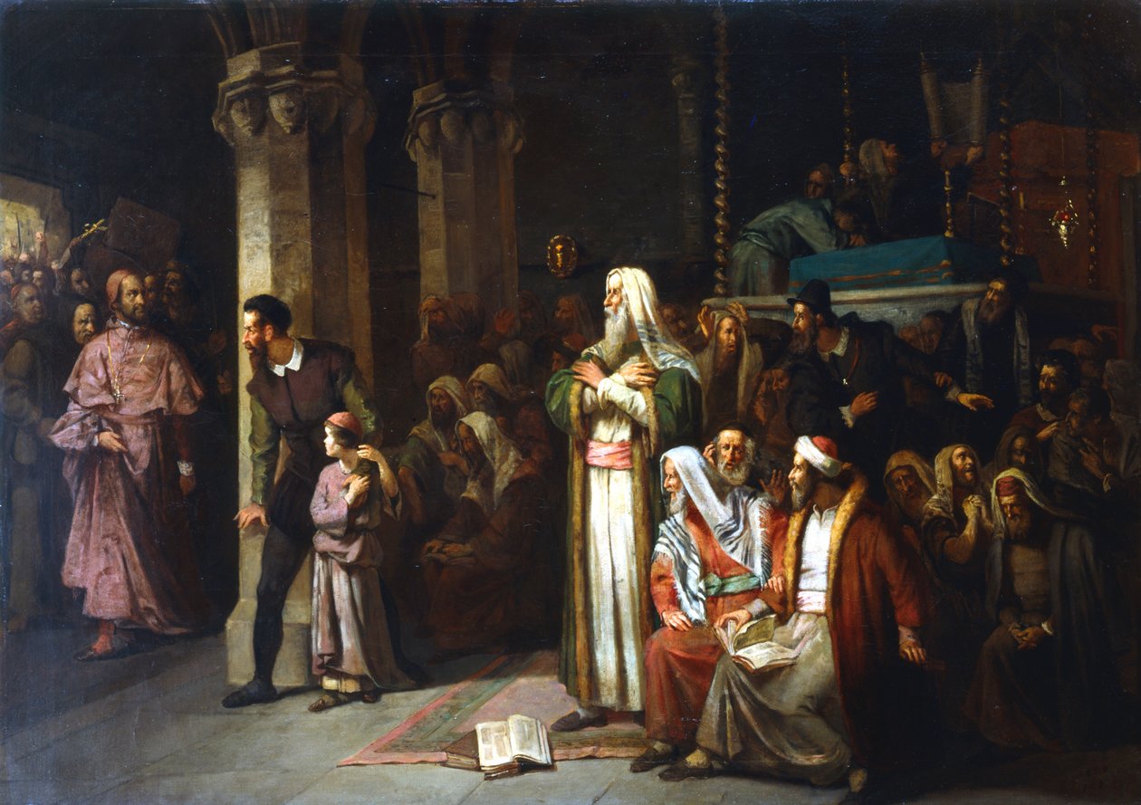 Gudstjeneste i synagogen under lesningen fra Toraen, 1868 av Unbekannt