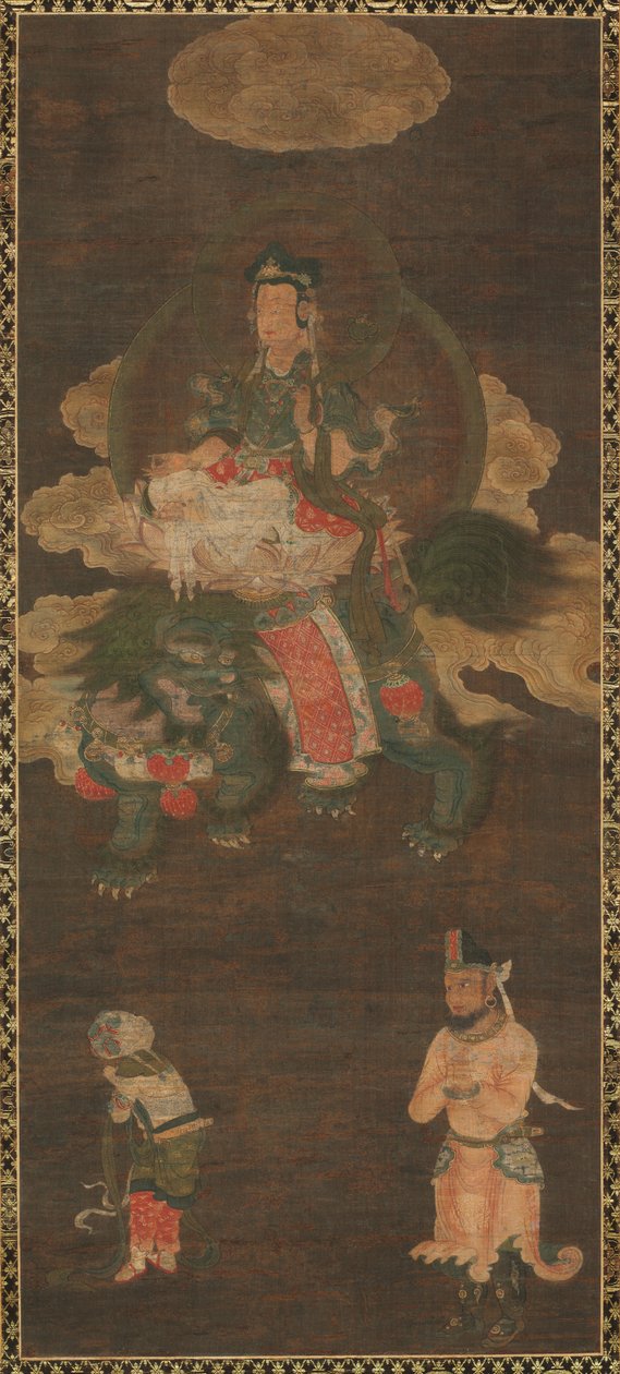 Shakyamuni Triad: Buddha deltatt av Manjushri og Samantabhadra Bodhisattva med Lion, sent på 1300-tallet av Unbekannt