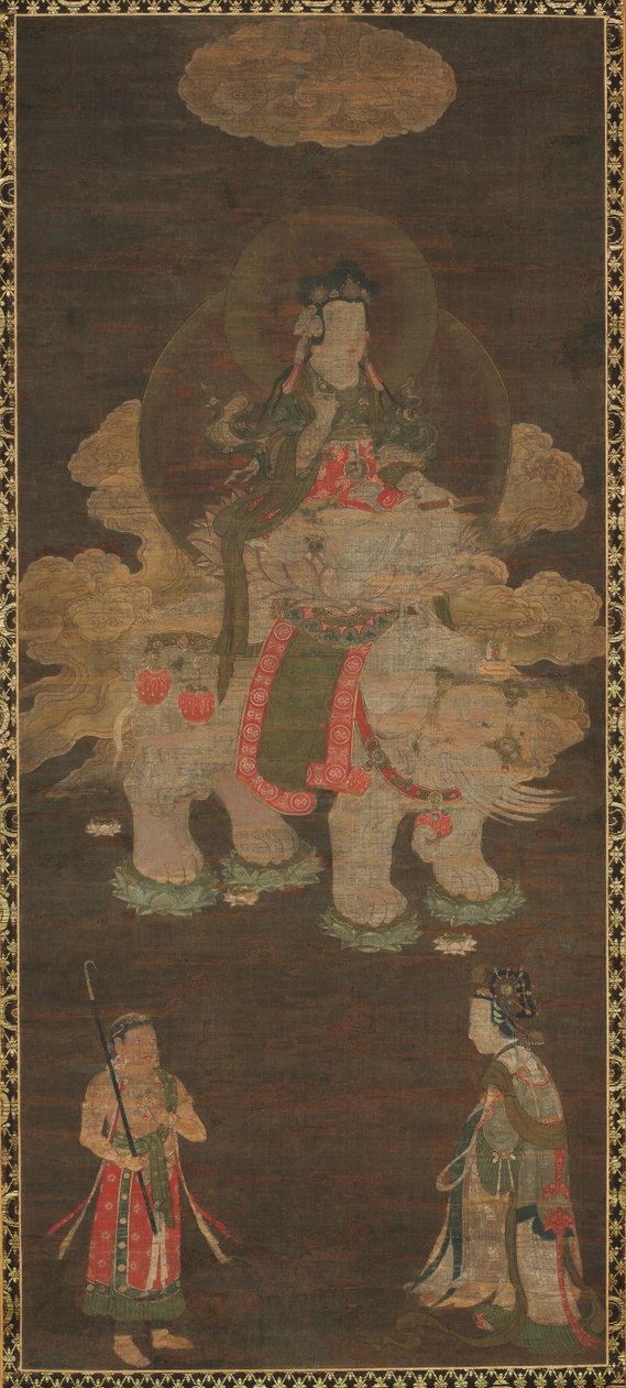 Shakyamuni Triad: Buddha deltatt av Manjushri og Samantabhadra Bodhisattva med Elephant, sent 1. av Unbekannt