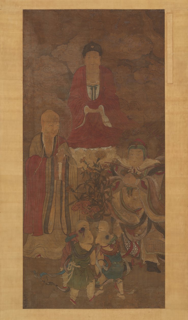 Shakyamuni med luohan, himmelsk konge, og gutter, tidlig på 1600-tallet. av Unbekannt