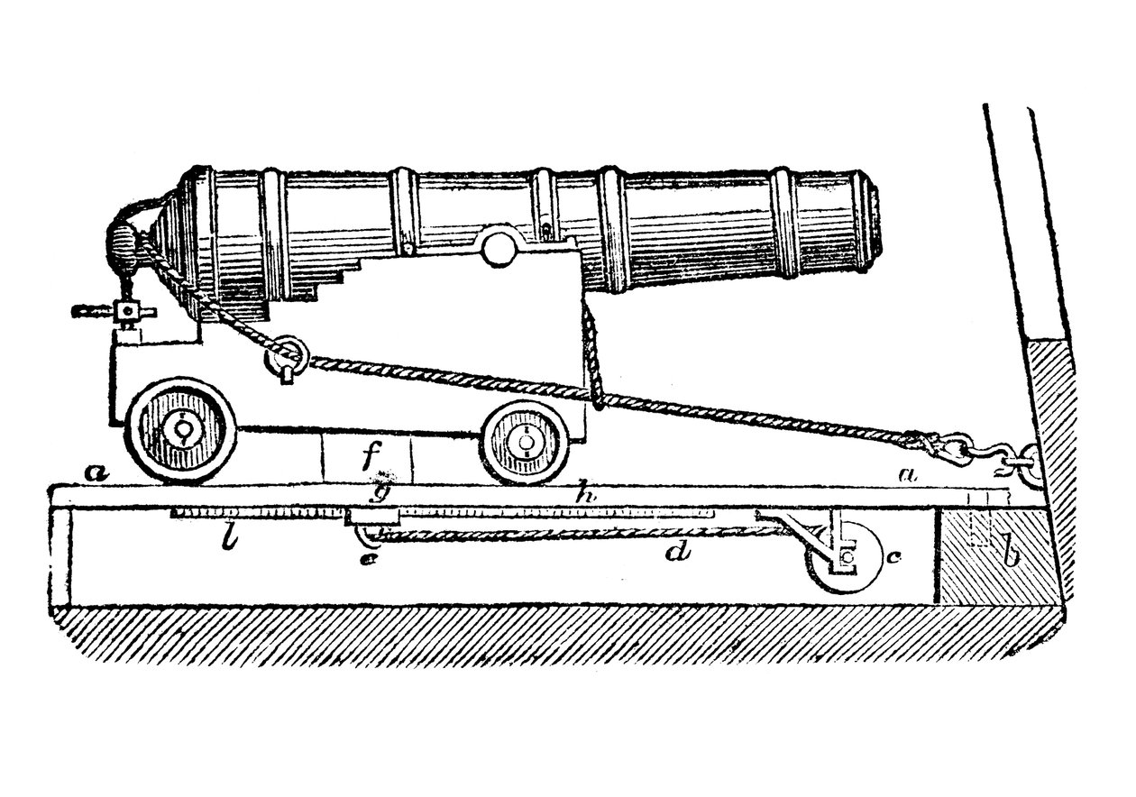 Skipskanon på våpenvogn. Tresnitt, 1835 av Unbekannt