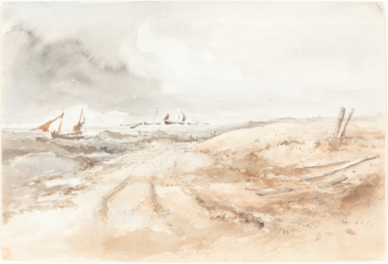 Shore Scene with Boats in Choppy Water, første halvdel av 1800-tallet. av Unbekannt