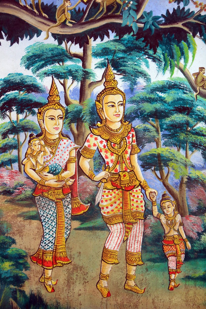 Siddhartha Gautama, kona Yashodhara og sønnen Rahula. Maleri som skildrer livshistorien til Shakyamuni Buddha. Hva Naxai. Vientiane. Laos, 20151106, Vientiane, Laos av Unbekannt