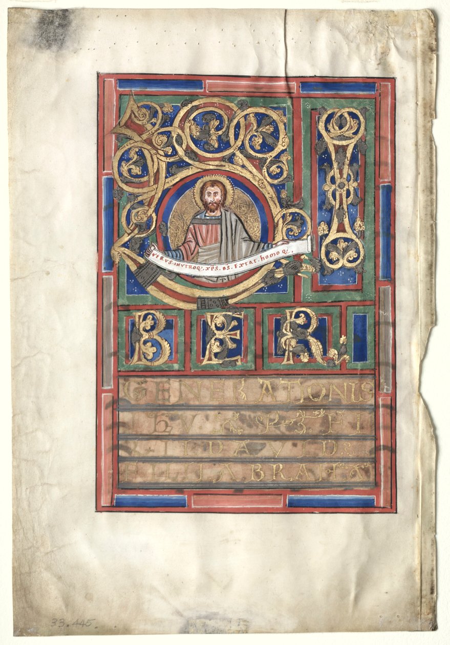 Enkeltblad utskåret fra en evangeliebok med innledende L[iber generationis]: St. Matteus verso, c1190 av Unbekannt