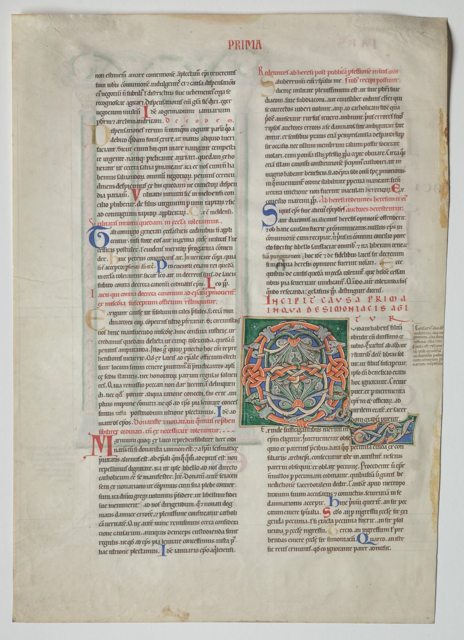 Enkelt blad fra et dekret av Gratian: Dekorerte initialer til en mann som har en sønn..., ca. 1160 av Unbekannt