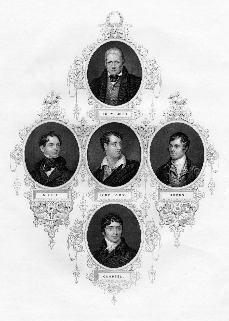 Sir Walter Scott, Thomas Moore, Lord Byron, Robert Burns, Thomas Campbell, 1877 av Unbekannt