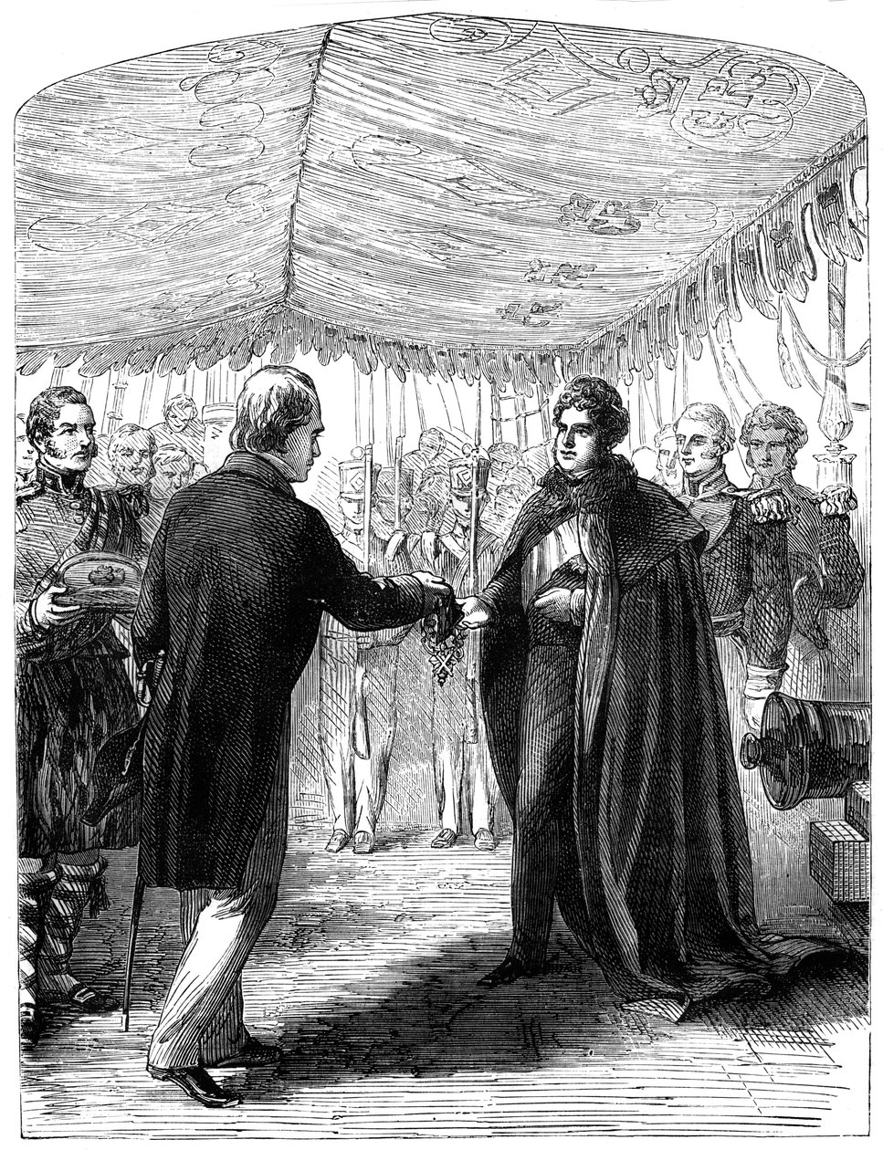 Sir Walter Scott presenterer korset av St. Andrew til kong George IV, 1822 av Unbekannt