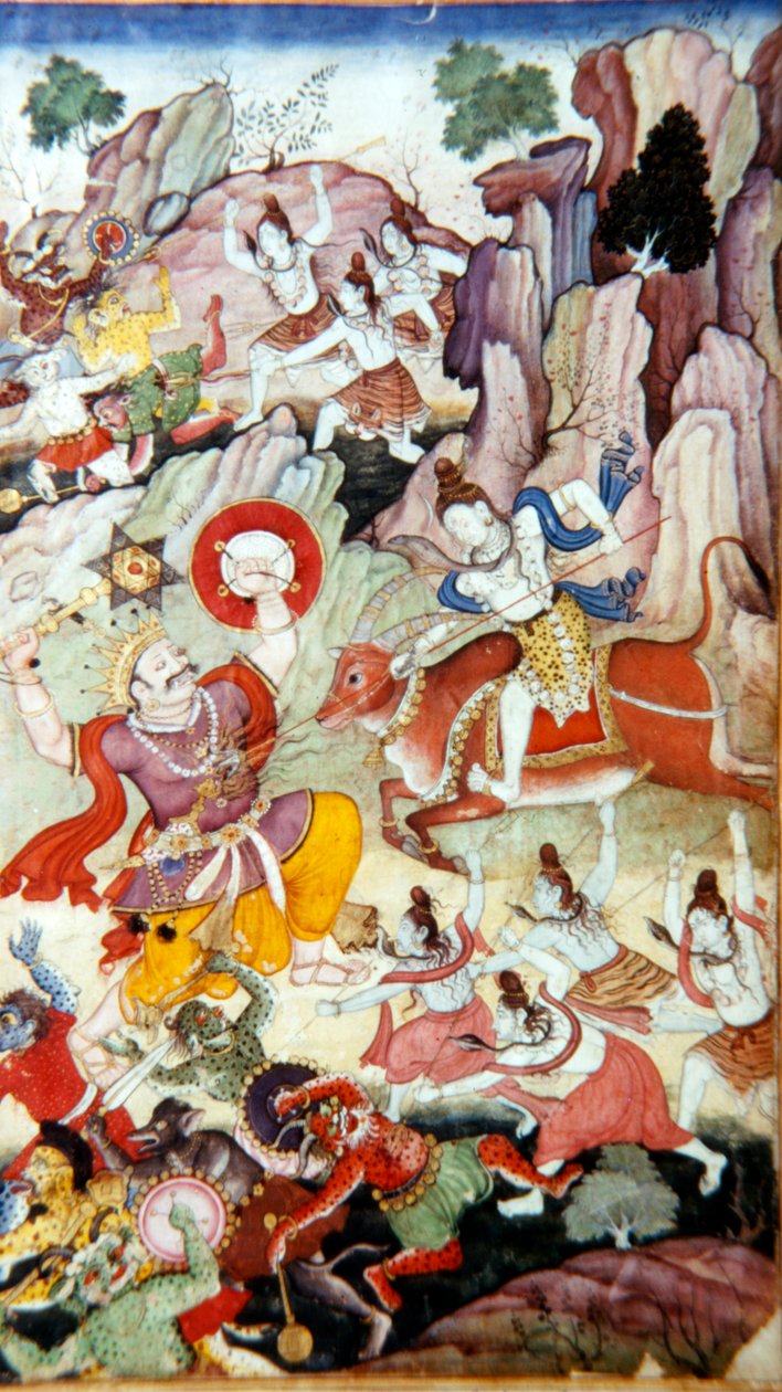 Siva ødelegger demonen og Haka, Harivamsa manuskript, Mughal School, c1590 av Unbekannt