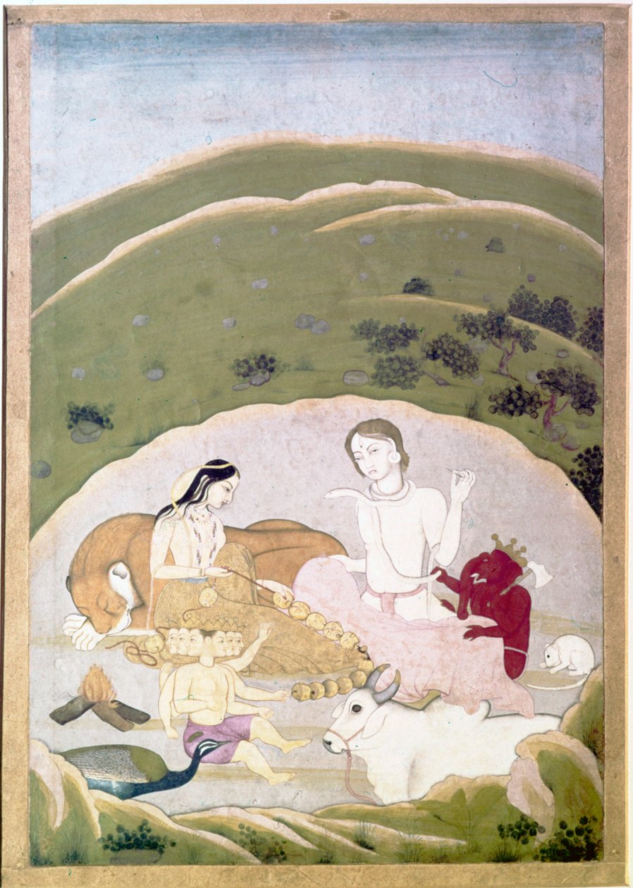 Siva og Parvati med barna deres, Ganesh og Karttikgya på Mount Kailash, c1745 av Unbekannt