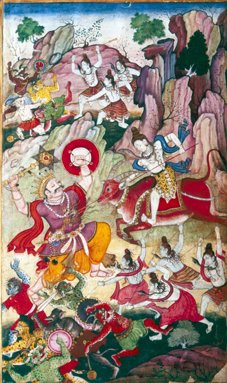 Shiv ødelegger demonen Andhaka, Harivamsa-manuskript, Mughal, C1590. av Unbekannt