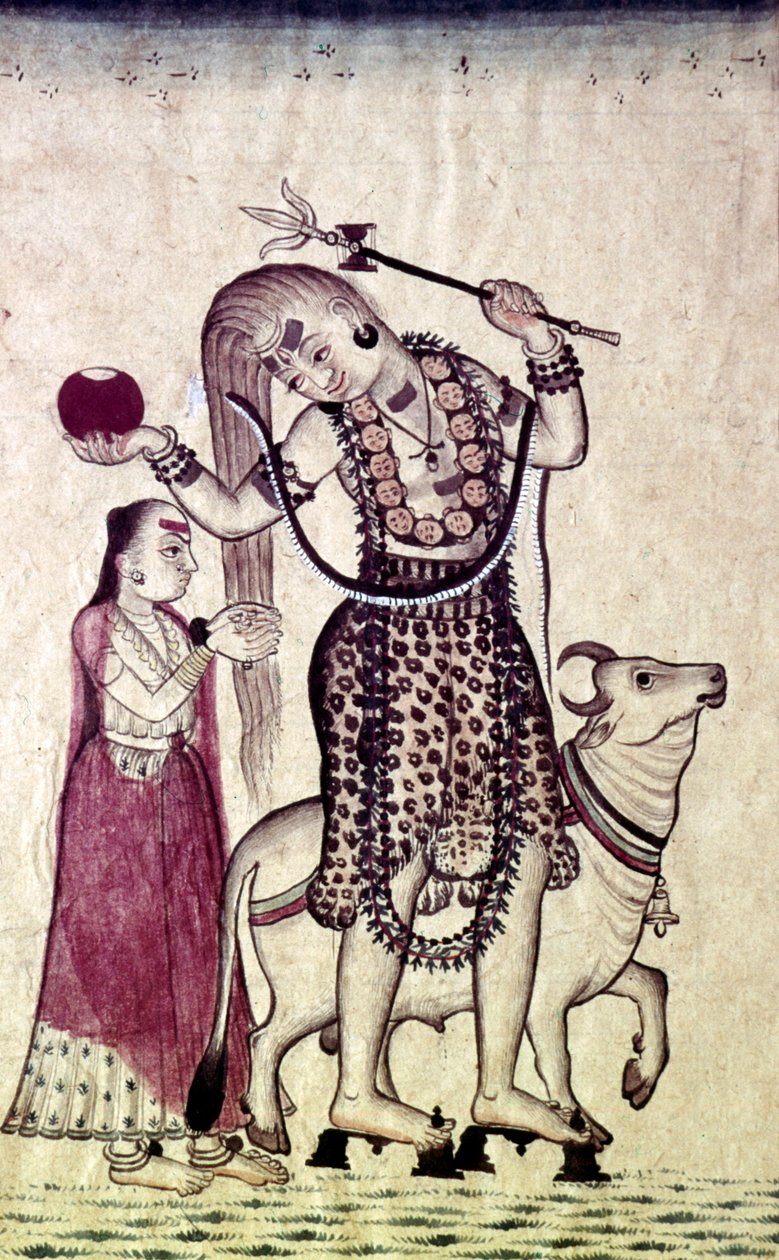 Siva, etterfulgt av hans konsort Parvati, gående med oksen, Nandi, c1730. av Unbekannt