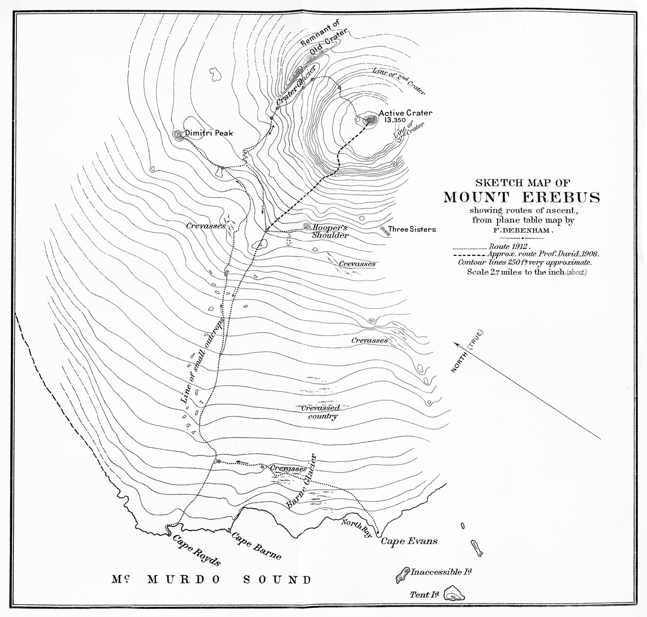 Skissekart over Mount Erebus som viser oppstigningsruter, c1912, 1913 av Unbekannt