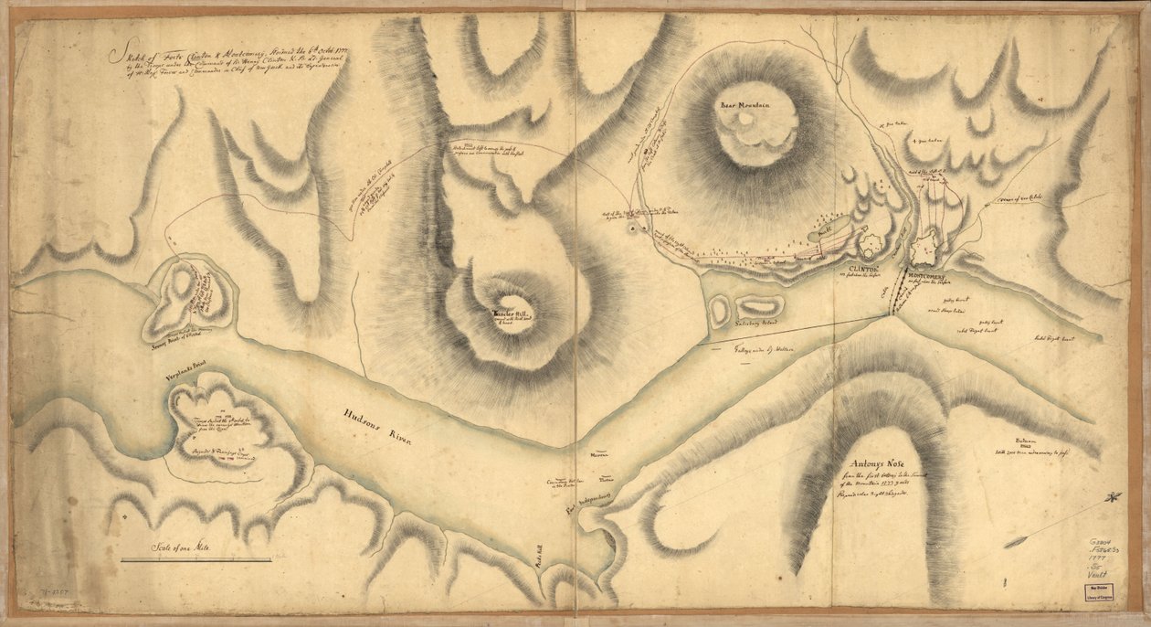 Sketch of Forts Clinton & Montgomery, stormet 6. oktober. 1777 av troppene under kommando av Sir Henry Clinton, K.B., generalløytnant for H. Maj.-styrker og øverstkommanderende for New Yorck og dets avhengigheter. av Unbekannt
