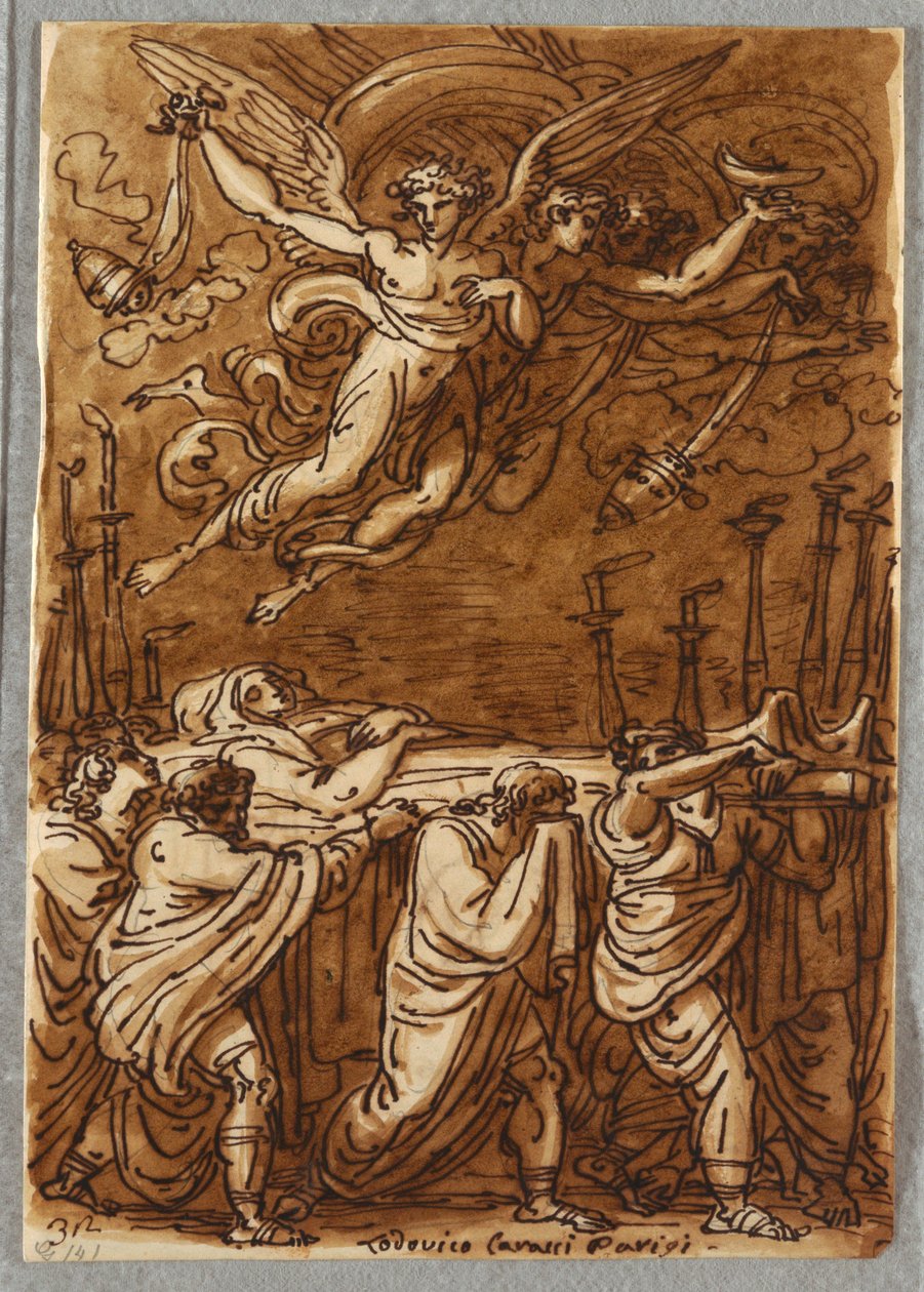 Sketchbook Folio, apostlene som bærer jomfruens kropp til graven, studer etter Lodovico Carracci av Unbekannt