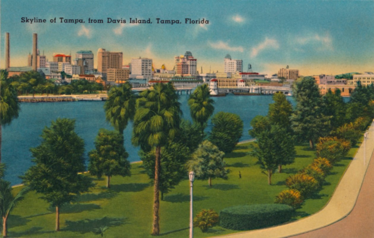 Skyline of Tampa, fra Davis Island, Tampa, Florida, c1940-tallet av Unbekannt