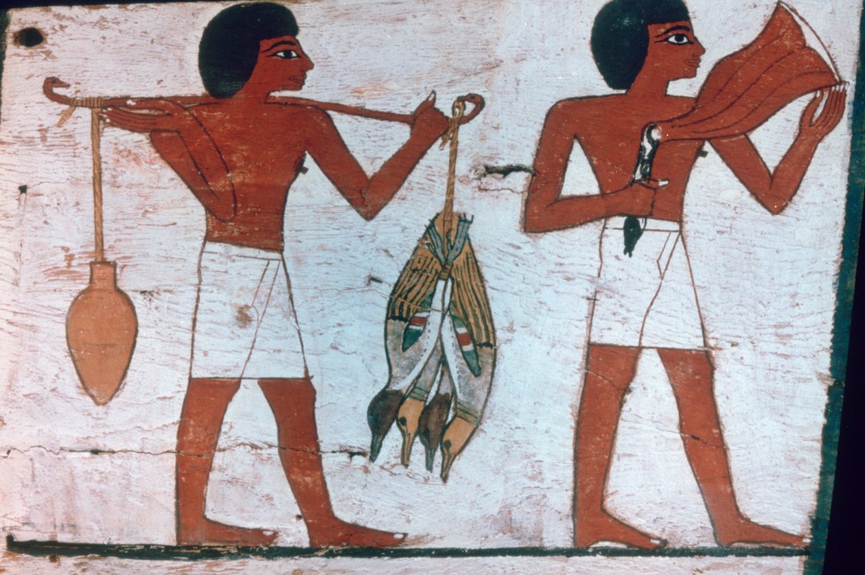 Slaver som bærer ofringer til Osiris, Sarkofagen til The Lady of Madja, 18. dynasti av Unbekannt
