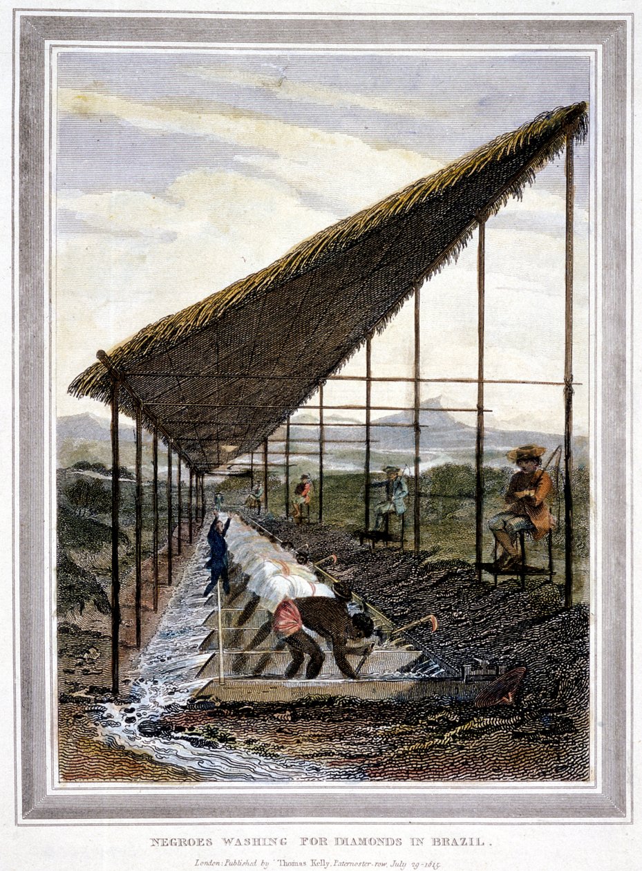 Slaver som vasker for diamanter overvåket av veiledere med pisk, Brasil, 1815 av Unbekannt