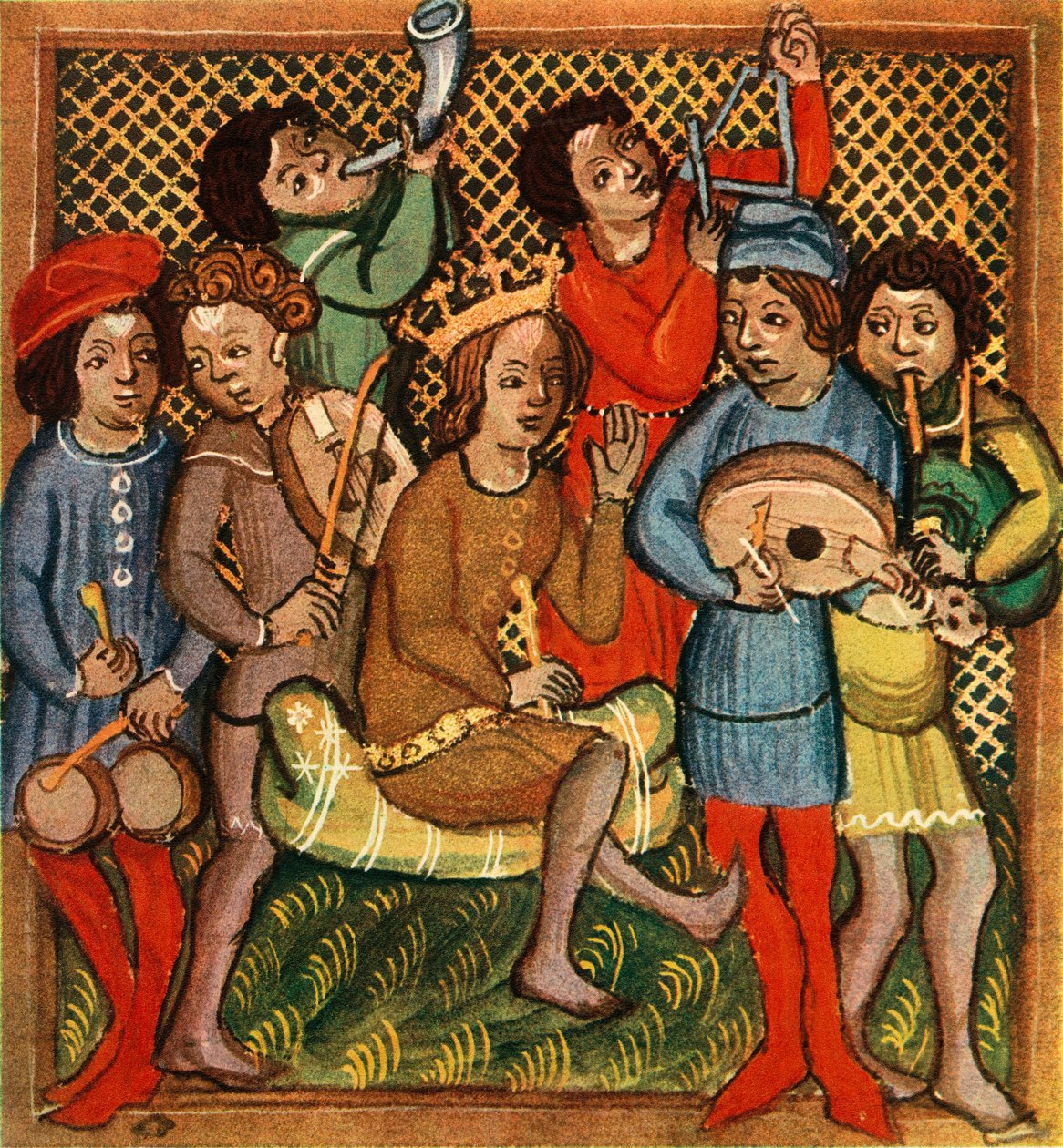Små trommer, fele, horn, trekantlutt og sekkepipe, Olomouc Bible, 1417, 1948 av Unbekannt