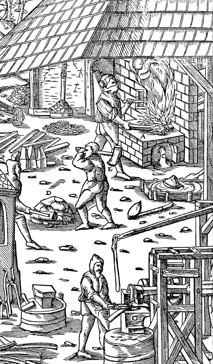 Smeltejern og hamrestenger med en mekanisk hammer, 1556 av Unbekannt