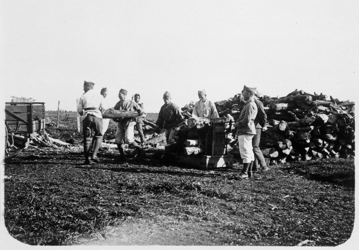 Soldater fra den franske fremmedlegionen stabler tømmerstokker, Syria, 1900-tallet av Unbekannt