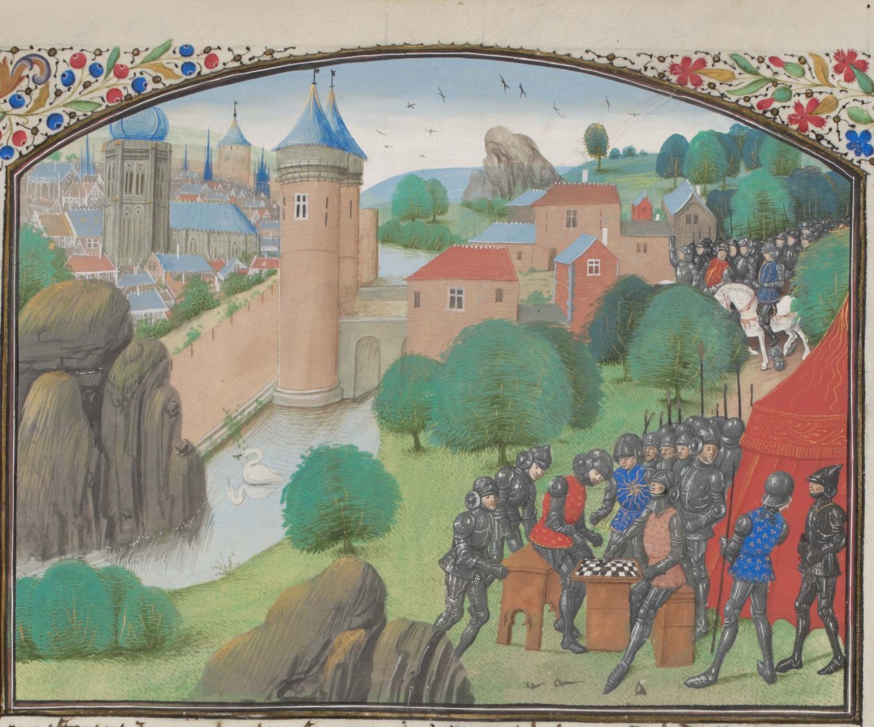 Soldater som spiller terninger foran byen Cæsarea. Miniatyr fra Historia av William av Tyrus, 1460-tallet av Unbekannt