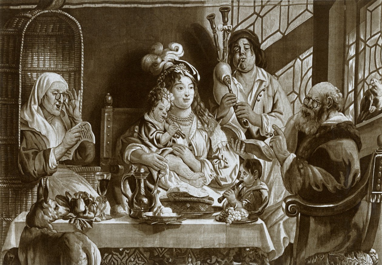 Sopranblokkfløyter og sekkepipe, Brussel-gobelin designet av Jacobus Jordaens, 1948 av Unbekannt