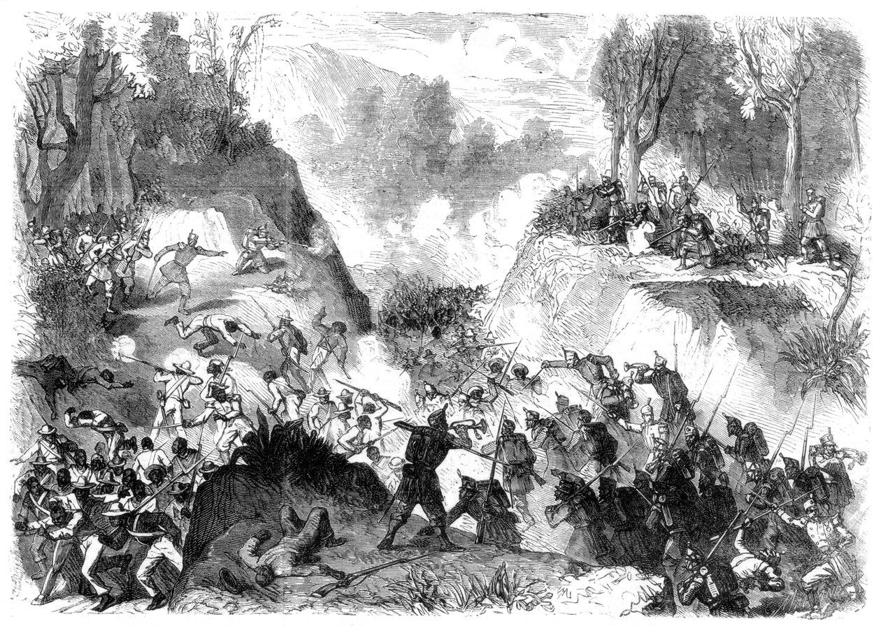 Spanske tropper kjemper mot folket i Santo Domingo, i passet til Monte Christi, 1864 av Unbekannt