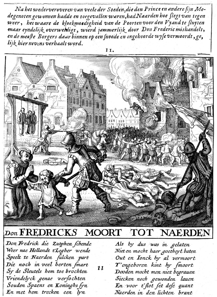 Spanske tropper brenner bygninger og massakrerer under spansk styre i Nederland, 1567-73 av Unbekannt