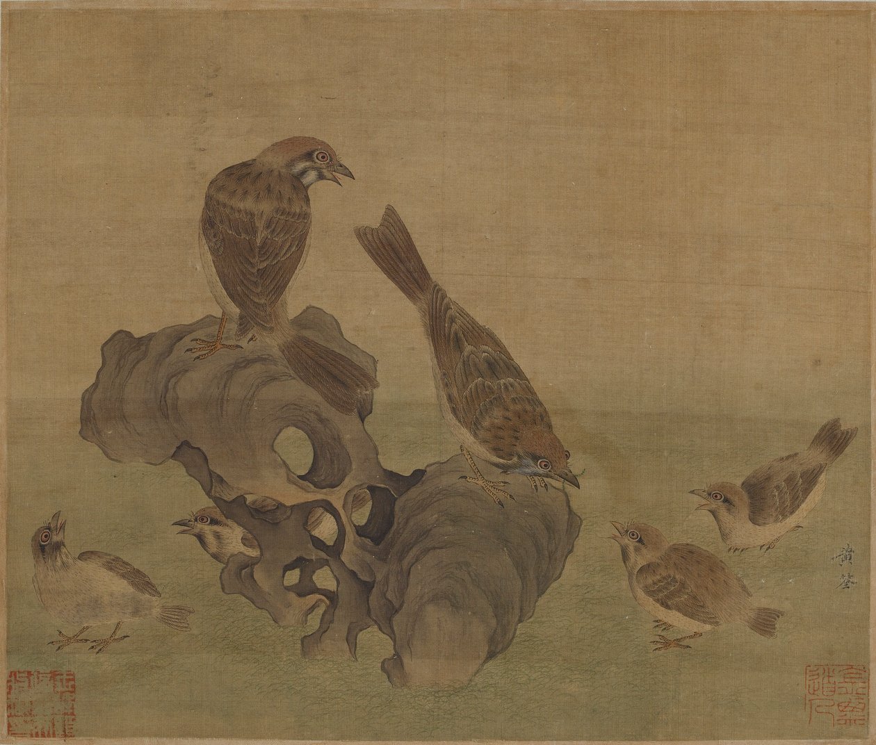 Spurver som mater ungene sine, Ming- eller Qing-dynastiet, 1600-tallet. av Unbekannt