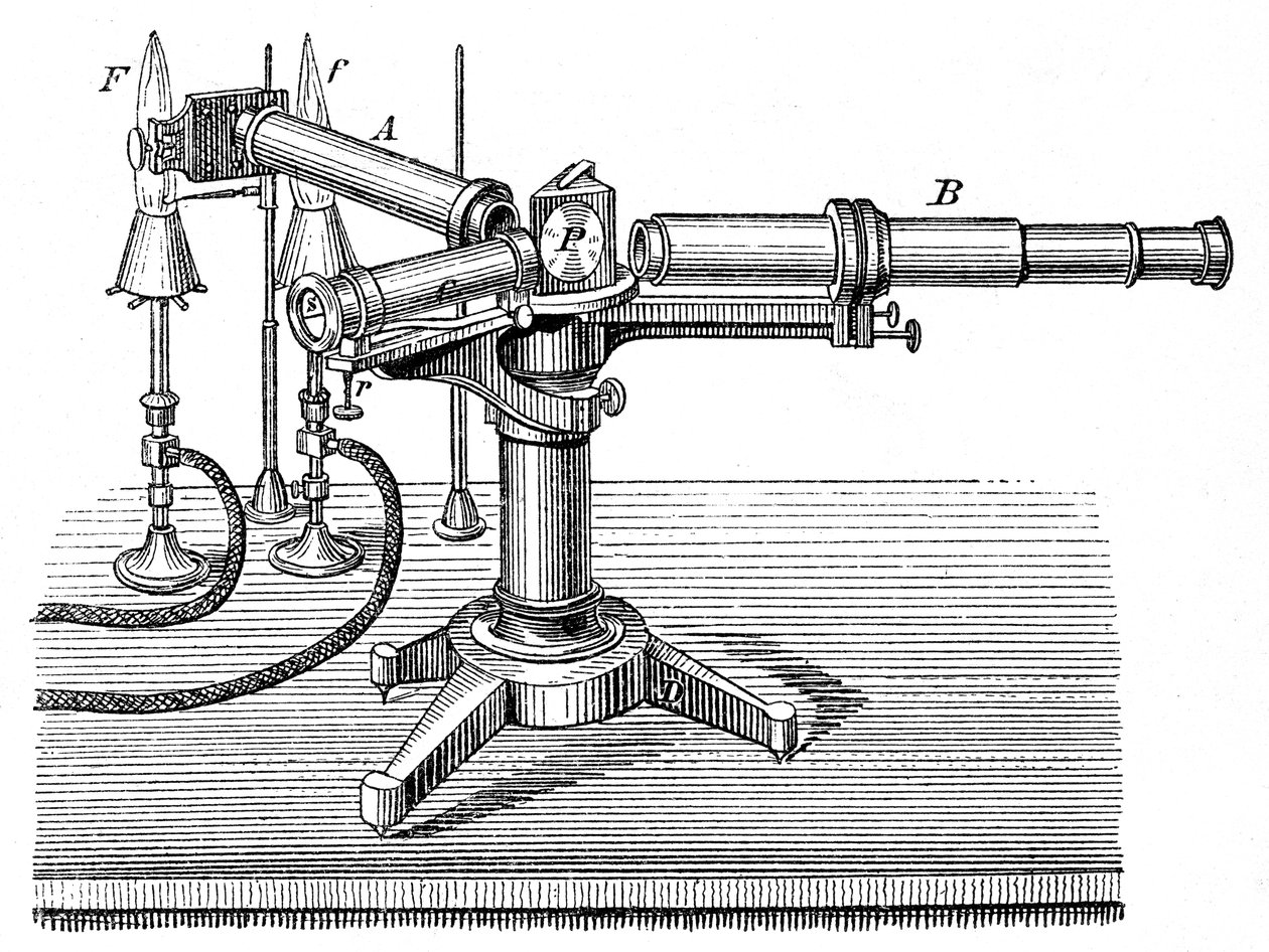 Spektroskopisk apparat brukt av Robert Wilhelm Bunsen og Gustav Robert Kirchhoff, c1895 av Unbekannt
