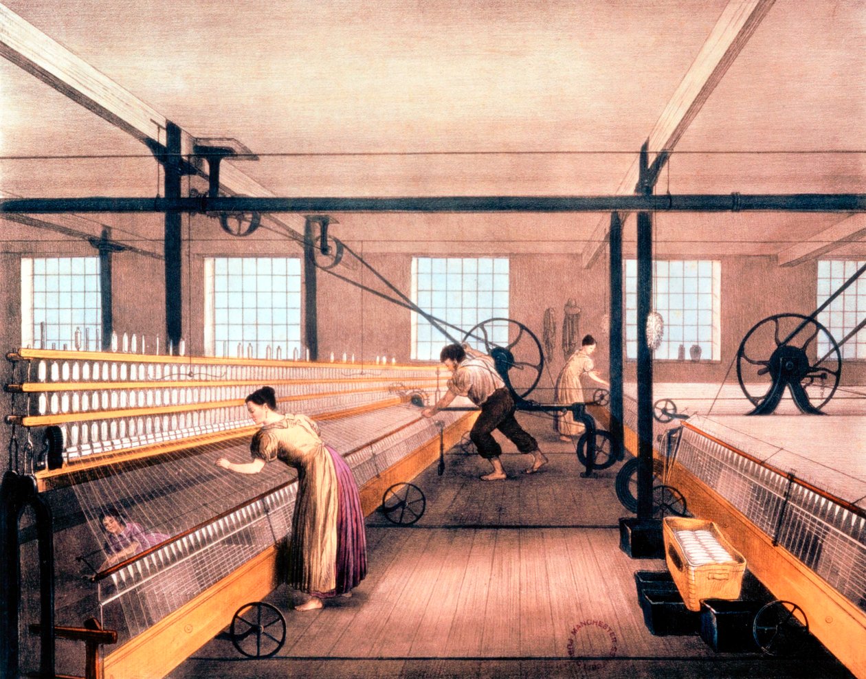 Spinnende bomull med selvvirkende muldyr av typen utviklet av Richard Roberts i 1825 c1835 av Unbekannt