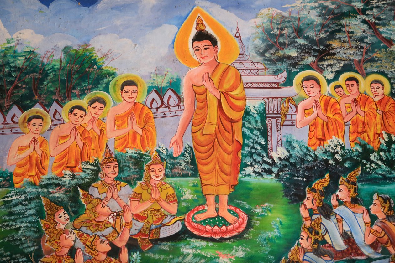 Spredning av Dharma. Buddhas liv. Takkunst som viser Buddhas liv. Wat Inpeng. Vientiane. Laos, 20151029, Vientiane, Laos av Unbekannt