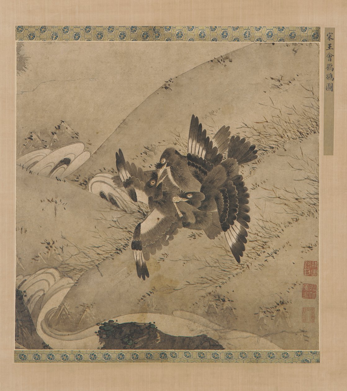 Krangler Mynas over en bekk, Ming-dynastiet, 1400-1500-tallet. av Unbekannt