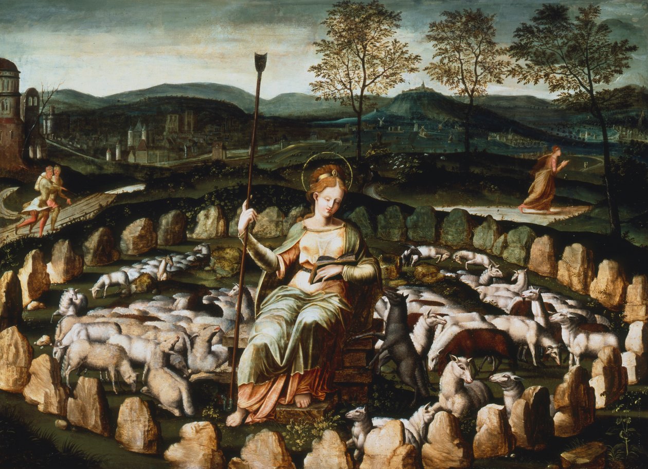 St Genevieve gardant ses moutons St Genevieve ser på flokken hennes, 1500-tallet av Unbekannt