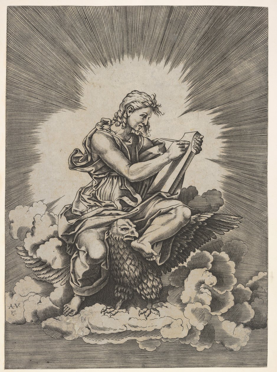 St. John, sittende og holder et skriveredskap til et nettbrett, en ørn med ytre stre..., etter 1518. av Unbekannt
