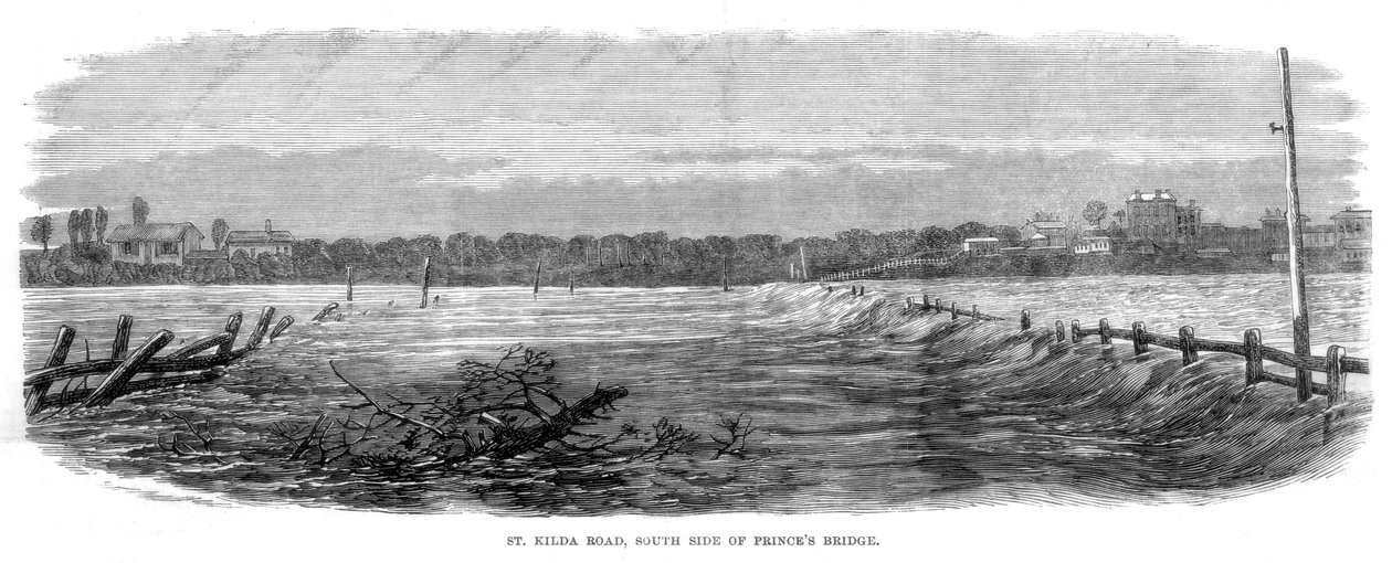 St Kilda Road, sørsiden av Princes Bridge - Flom ved Melbourne, Australia, 1864 av Unbekannt