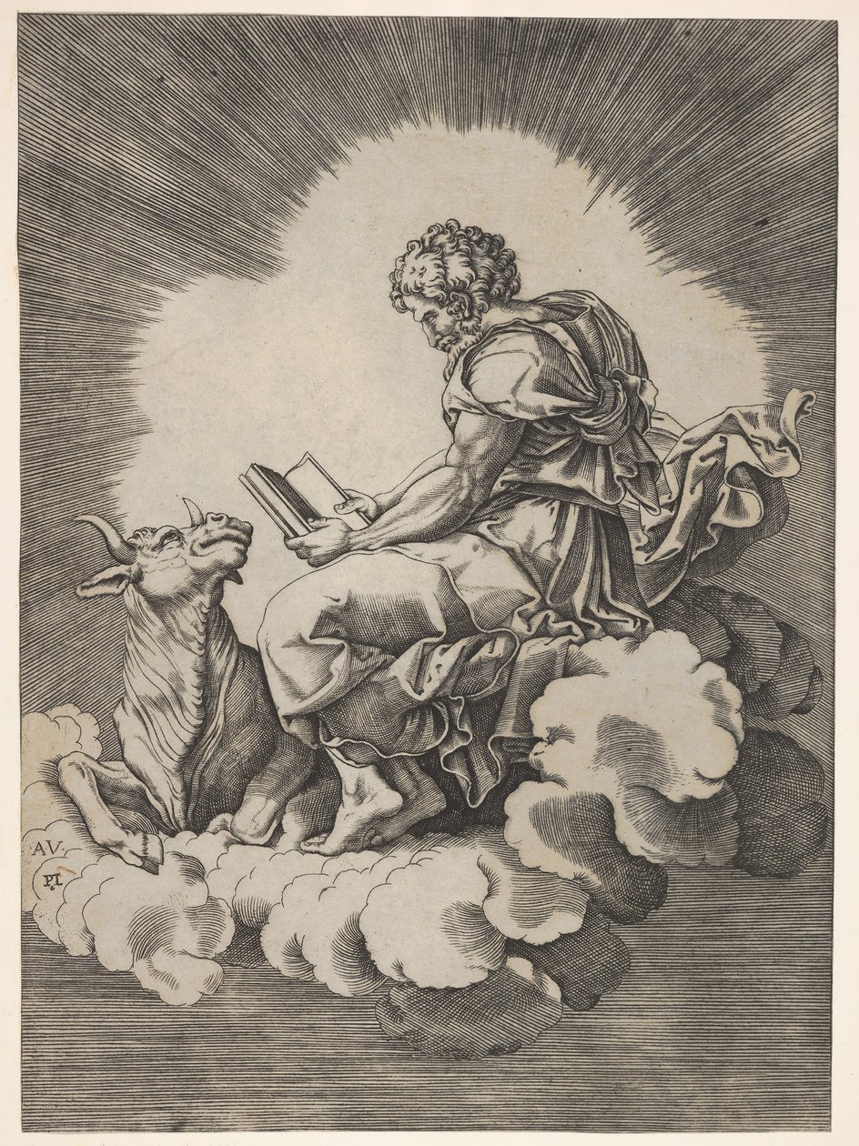 St. Luke, sittende på en sky med en åpen bok i begge hender, en okse som ligger på hans avgift..., etter 1518. av Unbekannt
