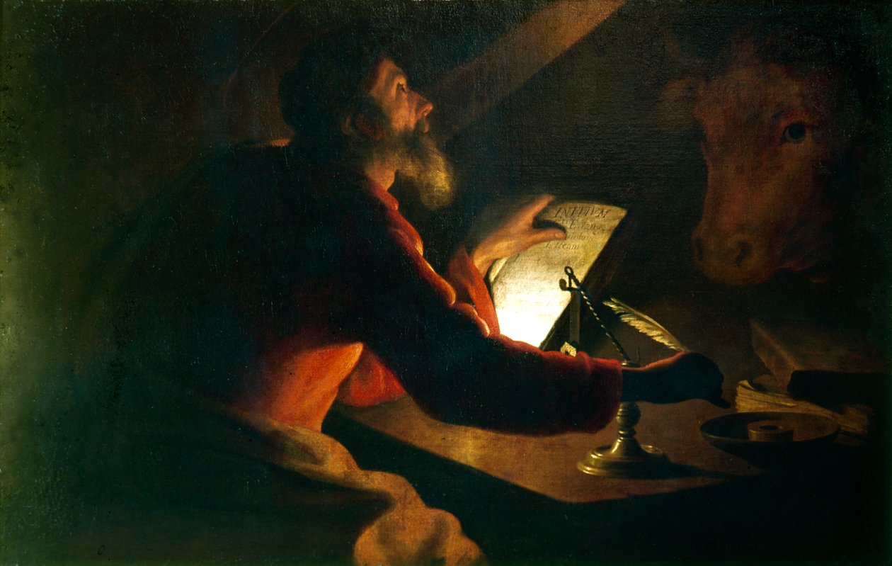 Evangelisten St Luke skriver sitt evangelium betraktet av symbolet hans, en okse, fra 1600-tallet av Unbekannt