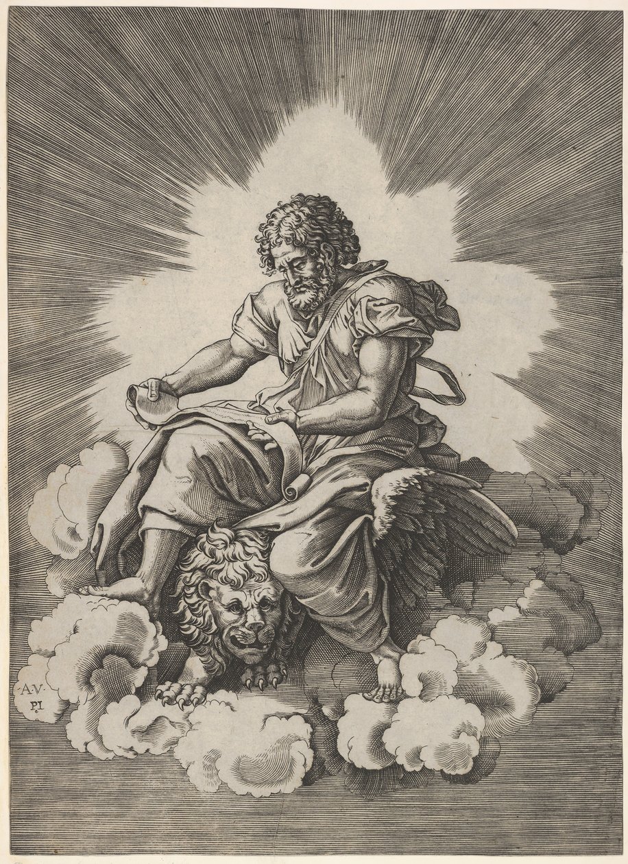 St. Mark, sittende med en utfoldet rulle i hendene, et bevinget løvehode og foran..., etter 1518. av Unbekannt