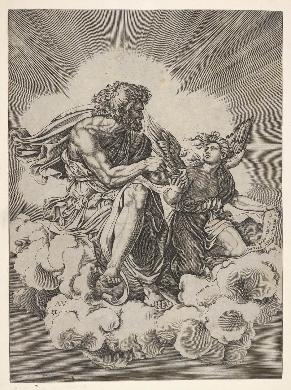 St. Matthew, sittende på en sky med bena i kors og dyppet en fjærpenn i et blekkhus..., etter 1518. av Unbekannt