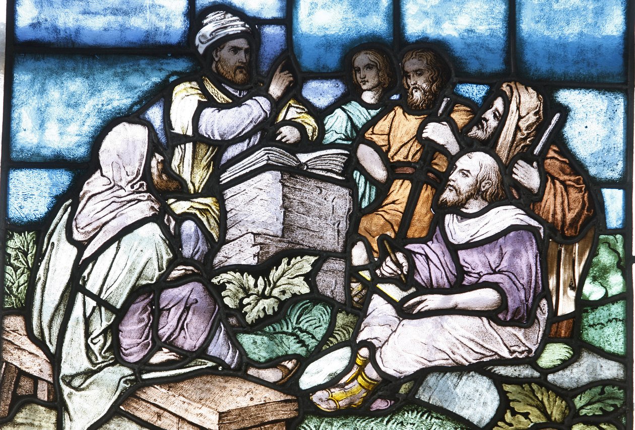Farget glass: Abraham studerer Toraen med folket i Israel, Budapest, Hongrie av Unbekannt