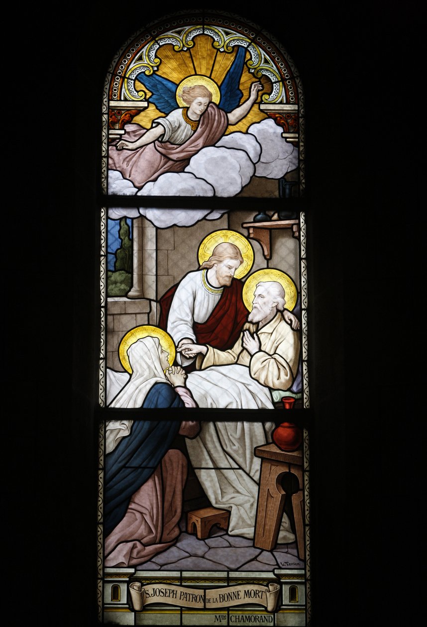Glassmalerier i Notre Dame du Rosaire katolske kirke: Saint Joseph, skytshelgen for døden, Saint-Ouen, Frankrike av Unbekannt