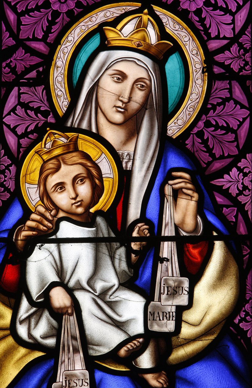 Farget glass i Pont L'Abbe kirke: Jomfru og barn på Mount Carmel, Pont L'Abbe, Frankrike av Unbekannt