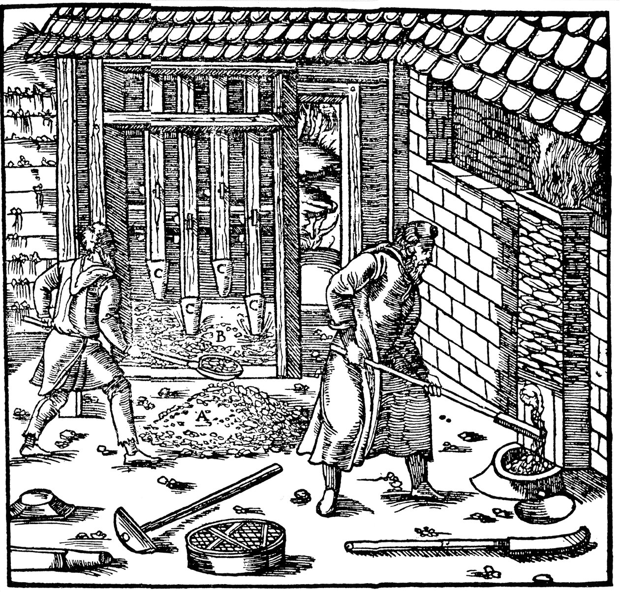 Stempling og brenning av malm for å utvinne metall, 1556 av Unbekannt