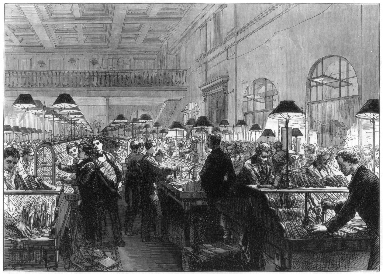 Stemplings- og sorteringskontor, General Post Office, London, 1875 av Unbekannt