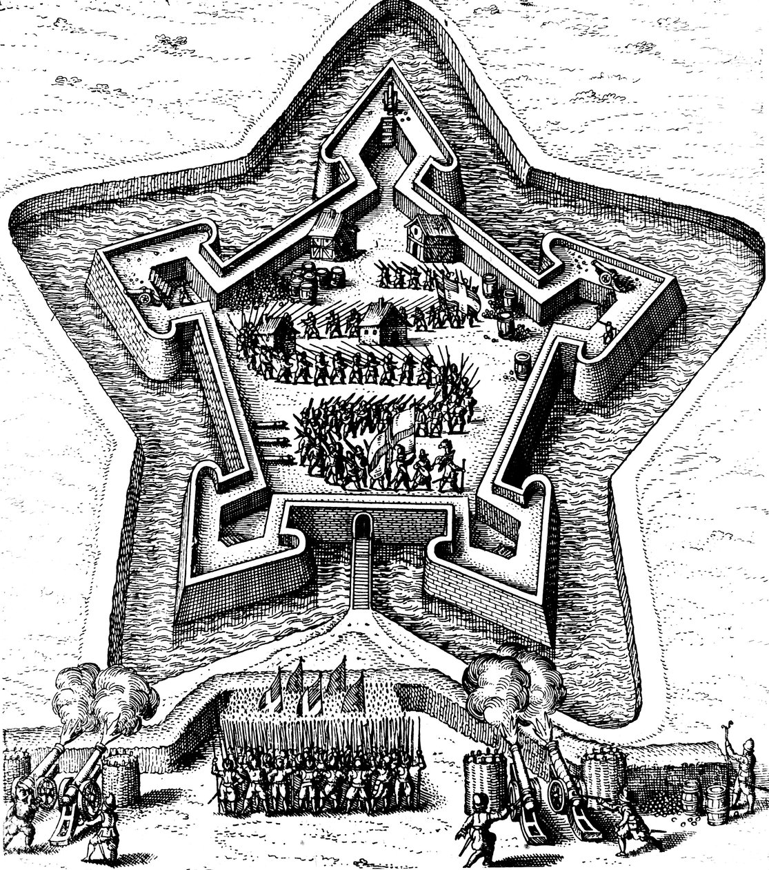 Star Fort forsvart av en vollgrav som kom under beleiring, 1617-1619 av Unbekannt