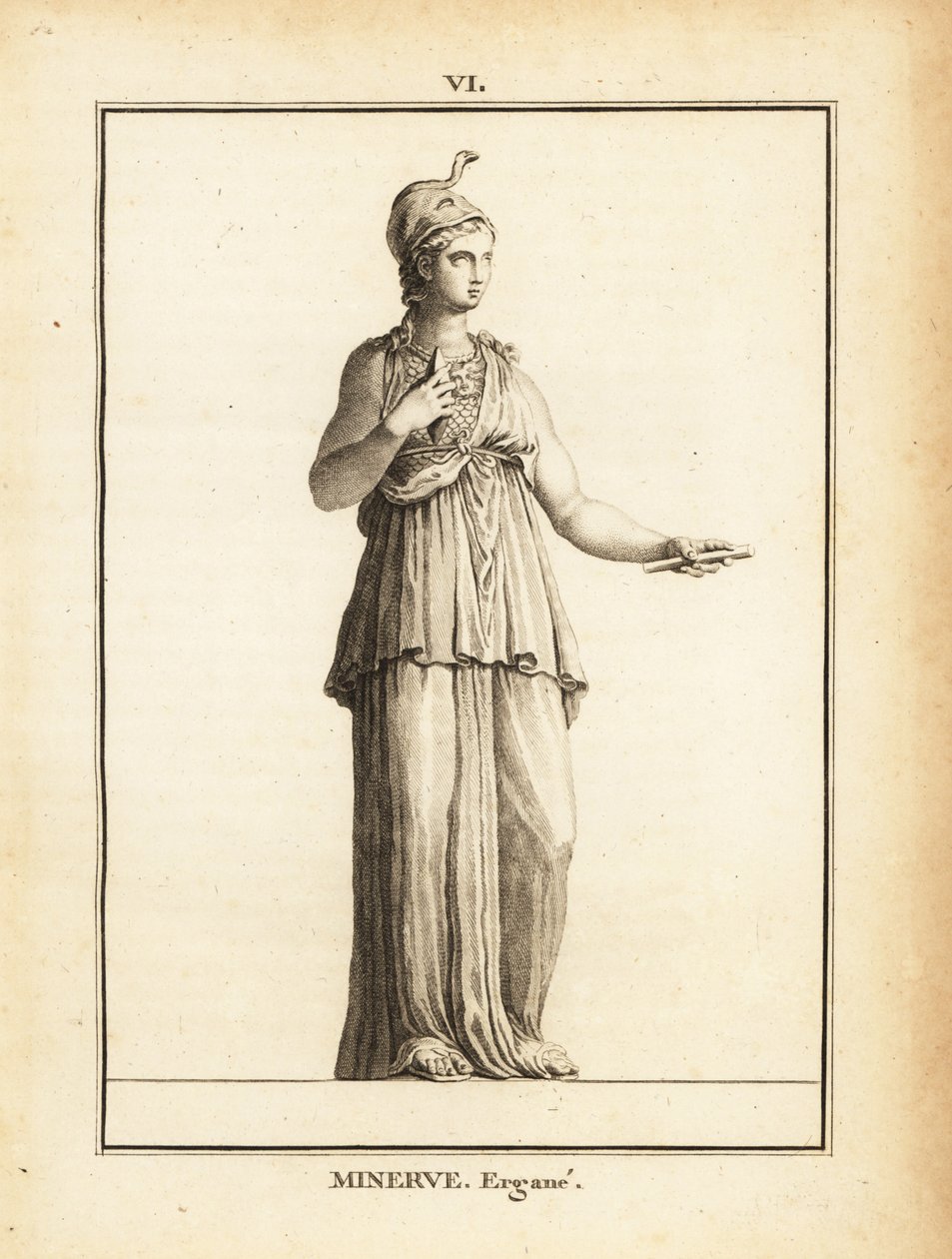 Statue av den romerske visdomsgudinnen Minerve Ergane (Minerva Worker), med hjelm og slange av Unbekannt