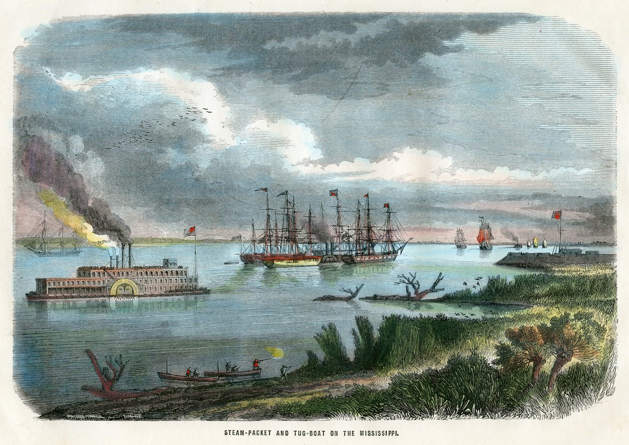 Damppakke og slepebåt på Mississippi, USA, c1875 av Unbekannt