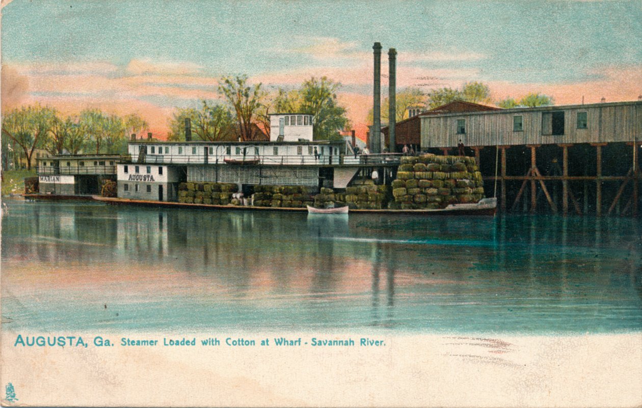 Dampbåt lastet med bomull ved en brygge, Savannah River, Augusta, Georgia, 1908 av Unbekannt