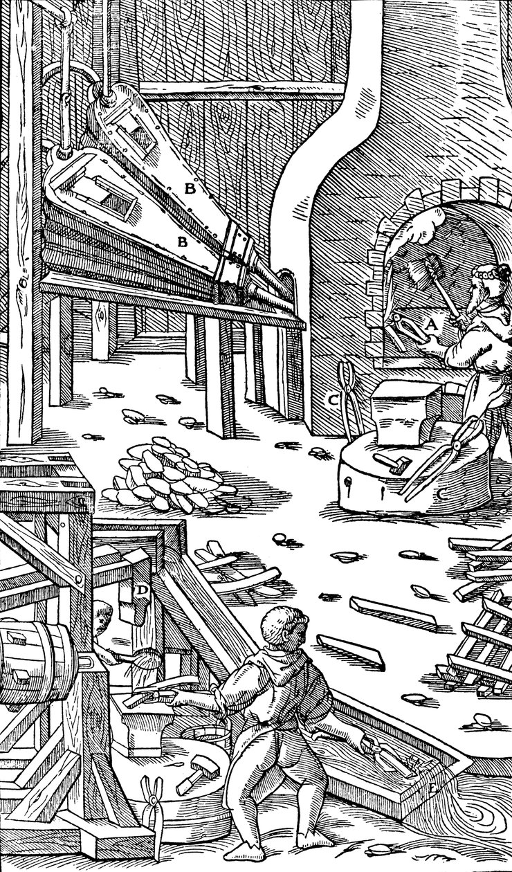 Stålproduksjon: en smie med belg for å produsere trekk, 1556 av Unbekannt